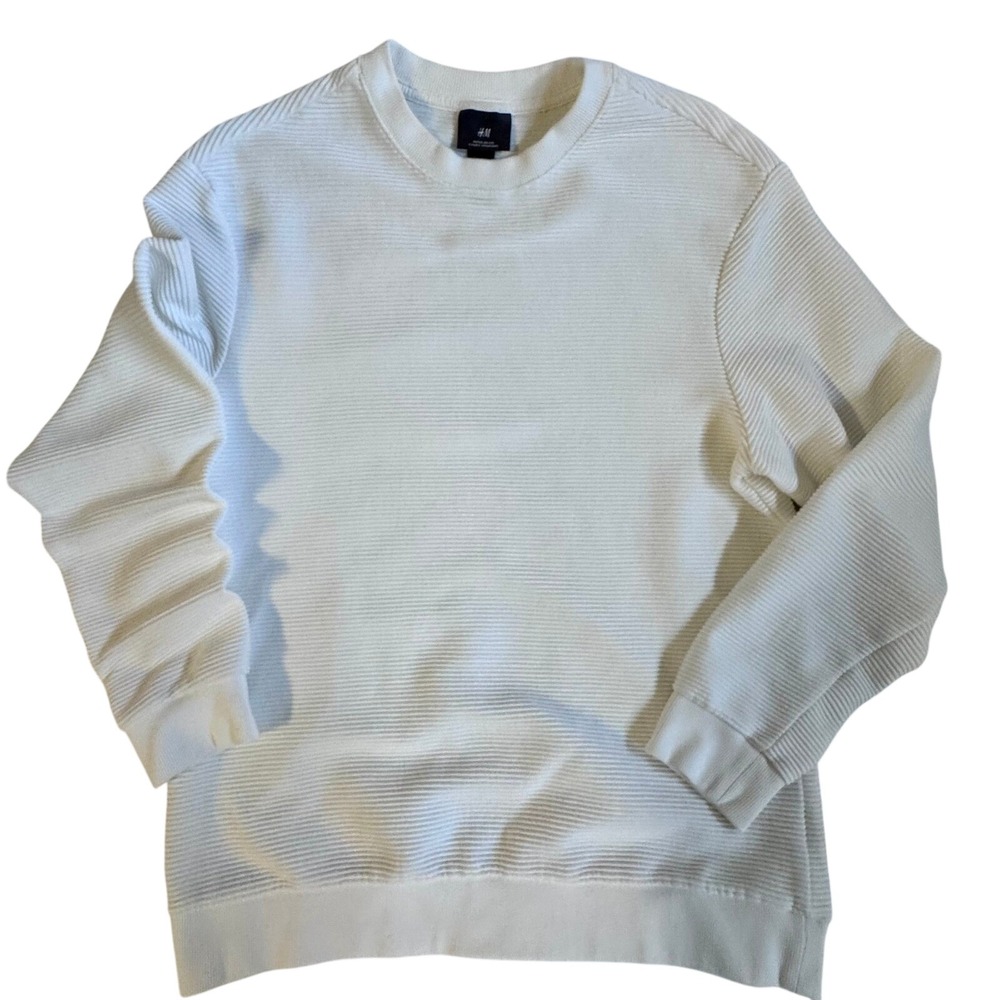 H&M Mens Regular Fit Ribbed Crewneck Sweatshirt White Textured Pullover‎ Large